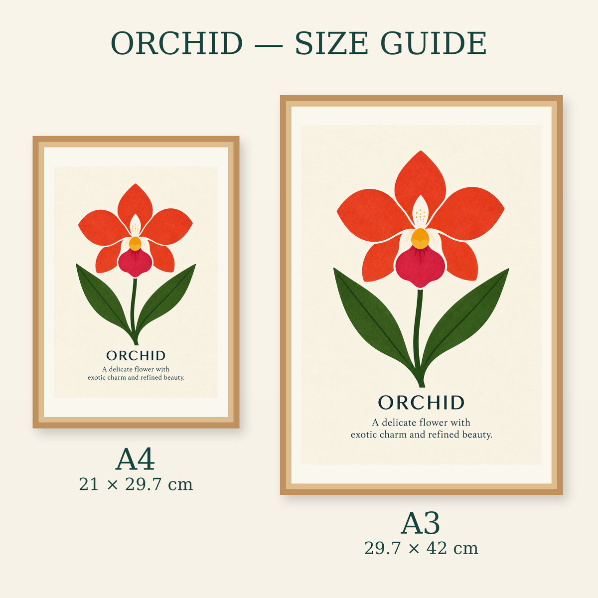 Orchid art print size guide for A4 and A3
