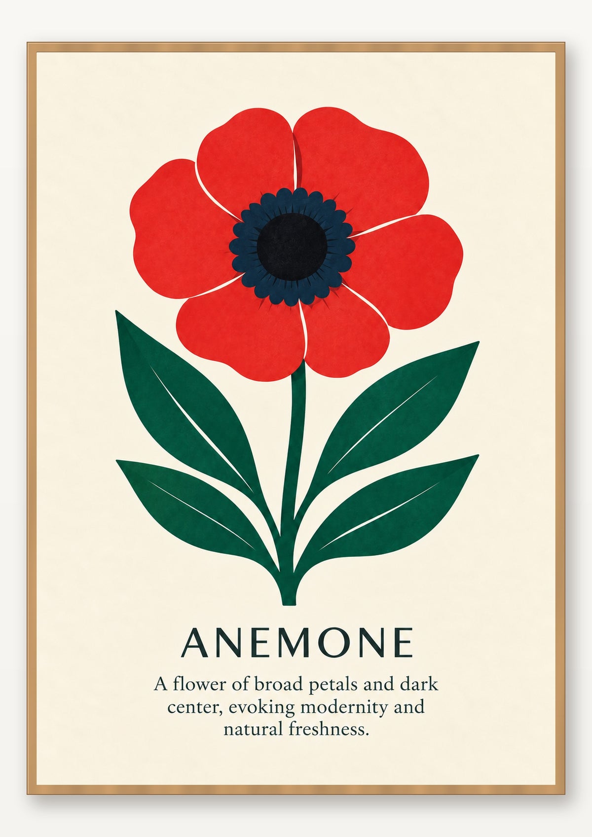 Anemone botanical art print in natural wood frame