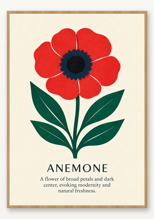 Anemone botanical art print in natural wood frame