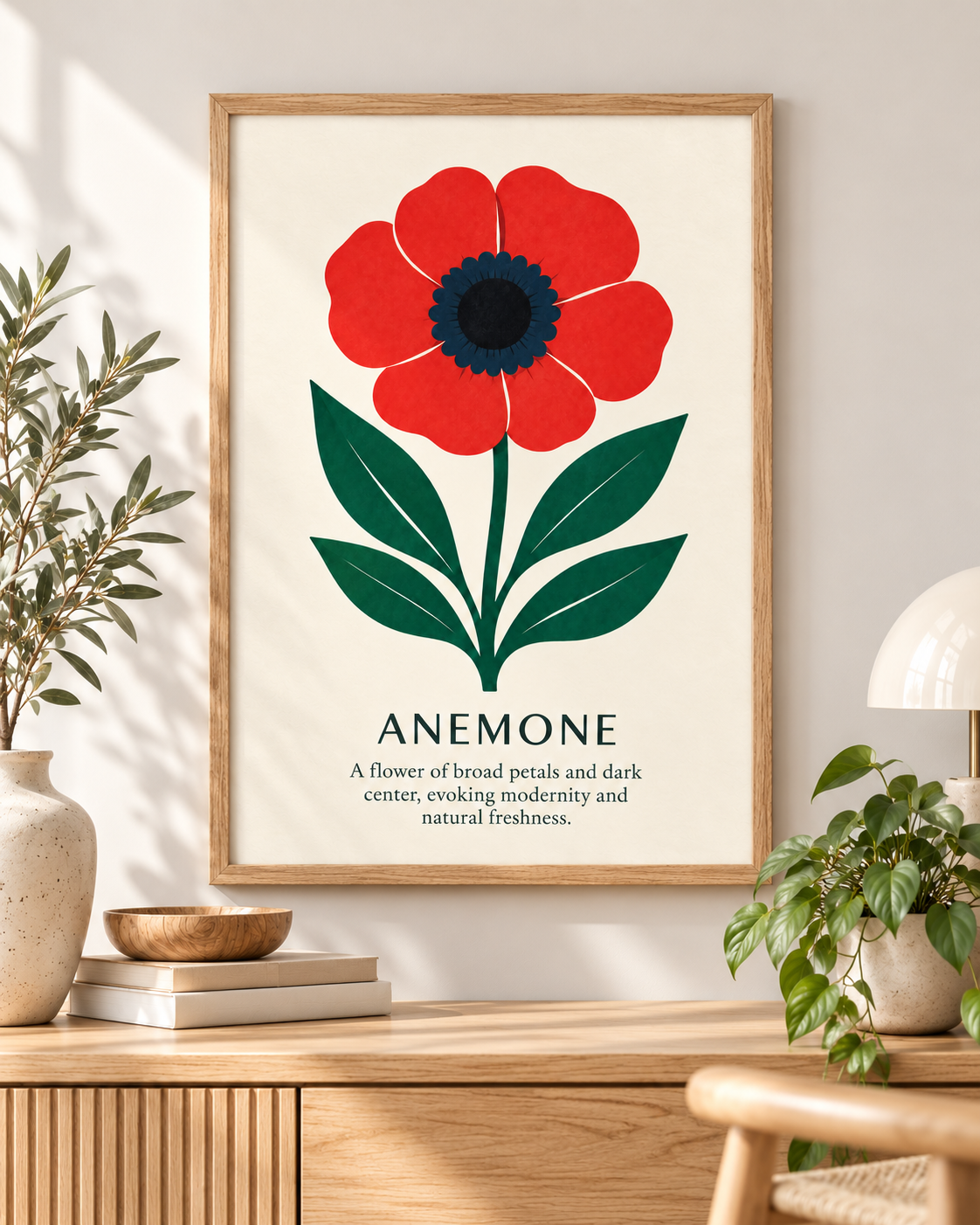 Anemone botanical art print styled in a warm Scandinavian interior
