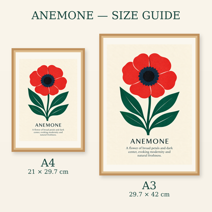 Anemone art print size guide for A4 and A3