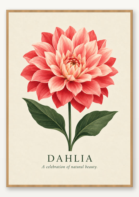 Dahlia botanical art print in natural wood frame