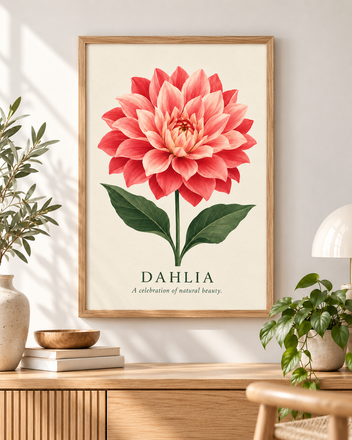 Dahlia botanical art print styled in a warm Scandinavian interior framed interior preview