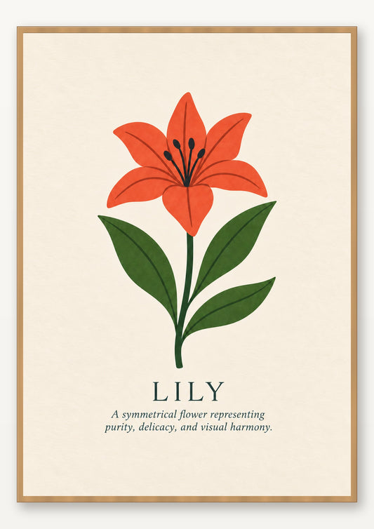 Lily botanical art print in natural wood frame