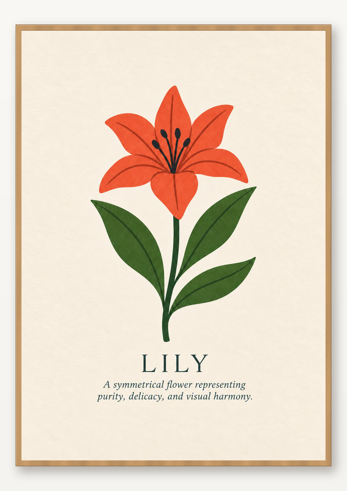 Lily botanical art print in natural wood frame