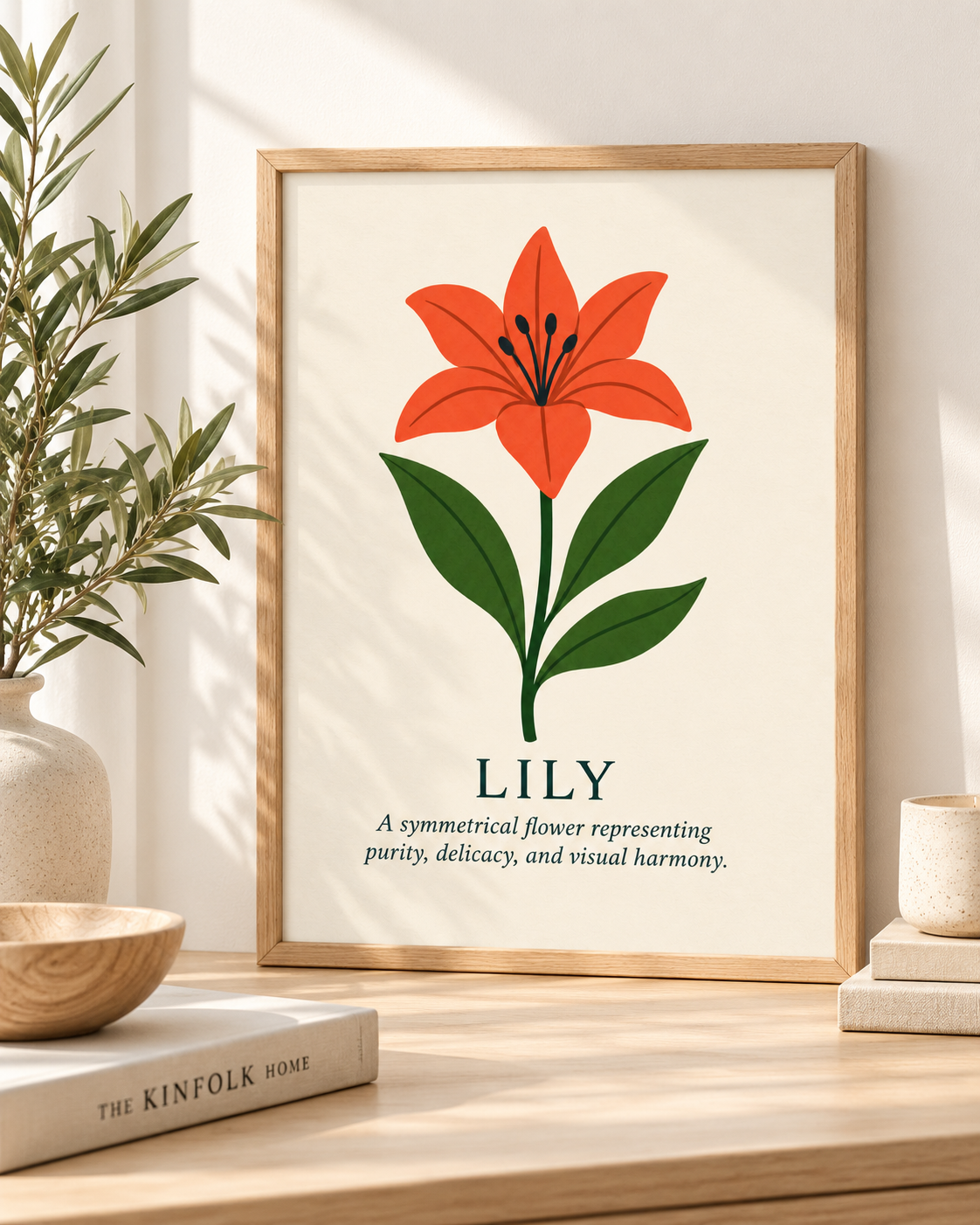 Lily botanical art print styled in a warm Scandinavian interior