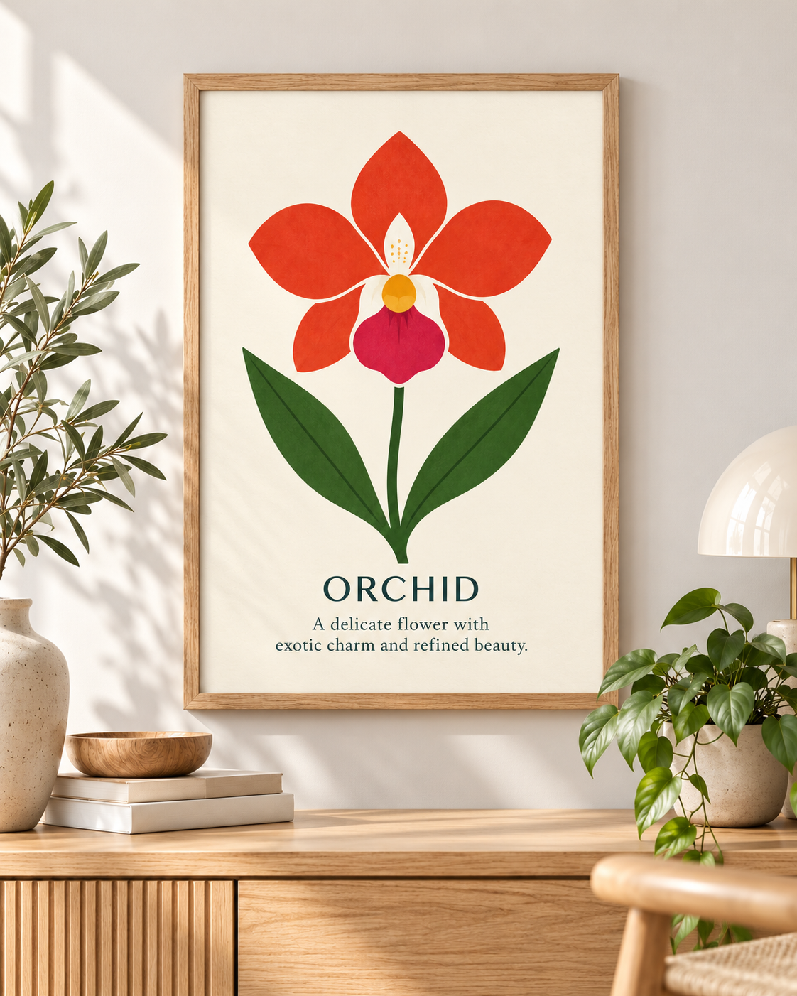Orchid botanical art print styled in a warm Scandinavian interior