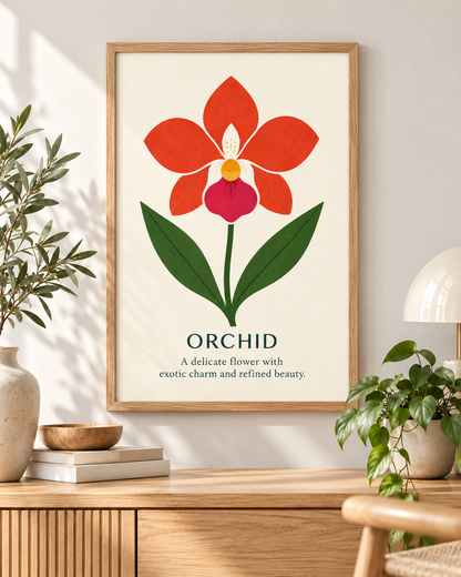 Orchid botanical art print styled in a warm Scandinavian interior