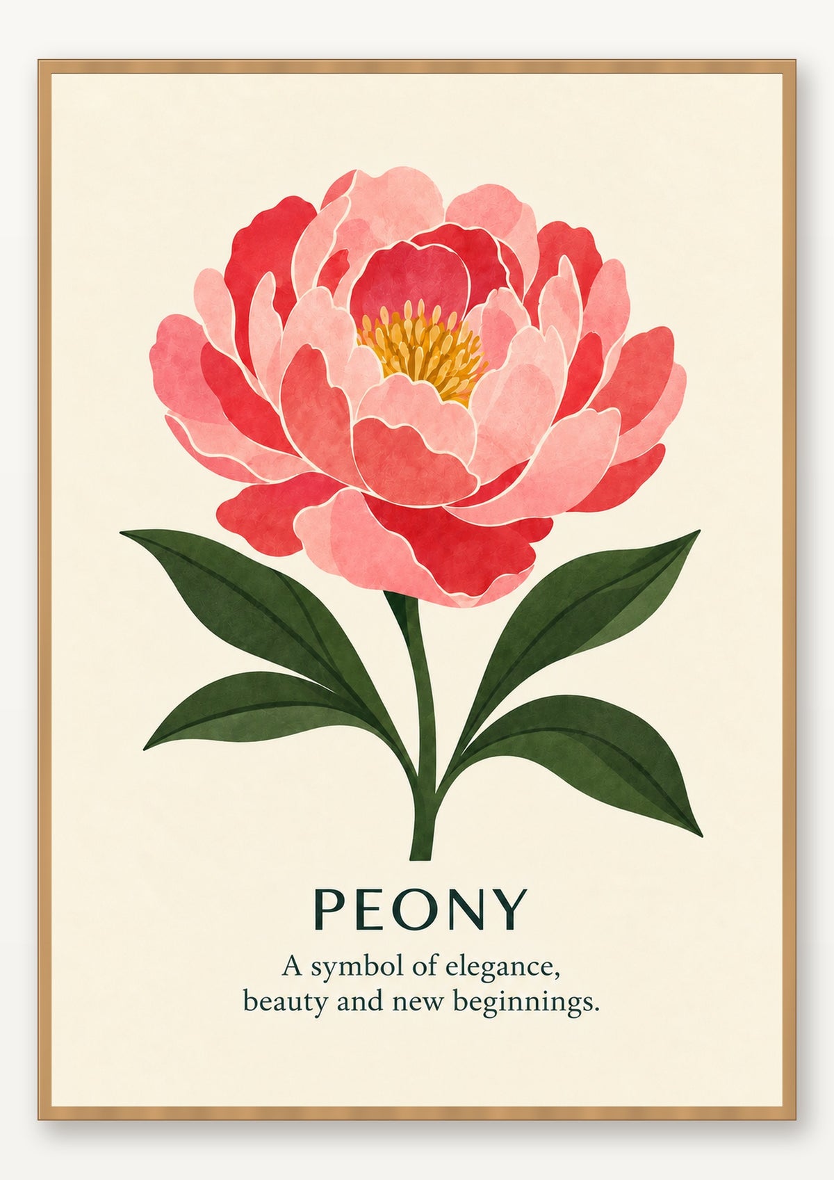 Peony botanical art print in natural wood frame