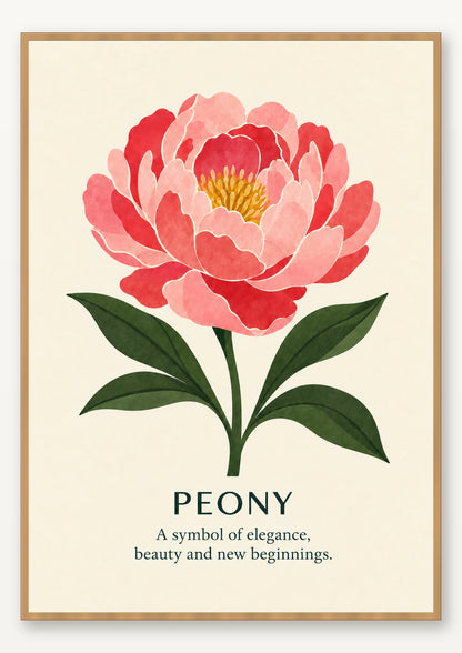 Peony botanical art print in natural wood frame