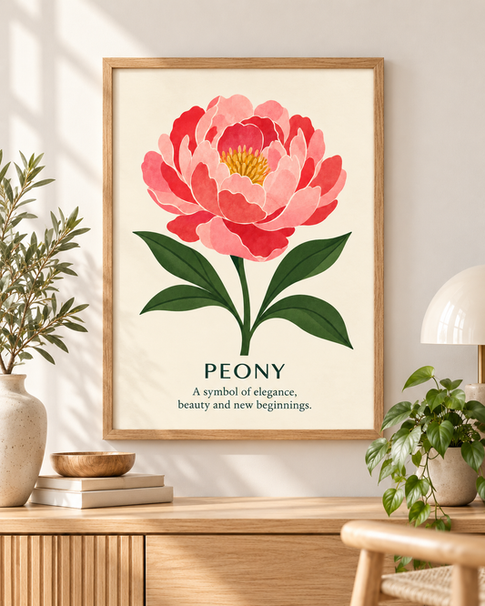 Peony botanical art print styled in a warm Scandinavian interior