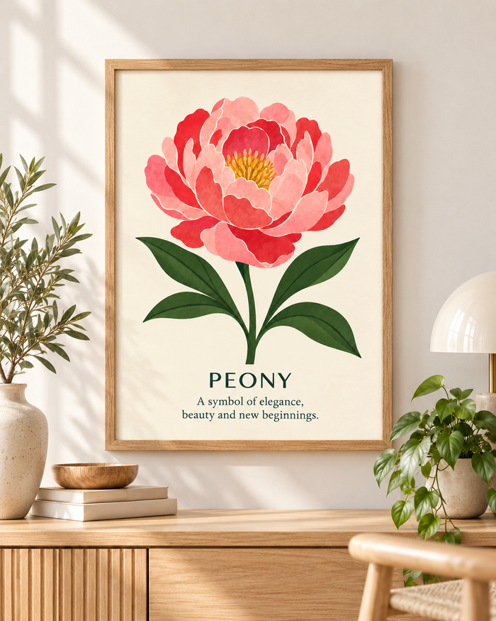 Peony botanical art print styled in a warm Scandinavian interior framed interior preview