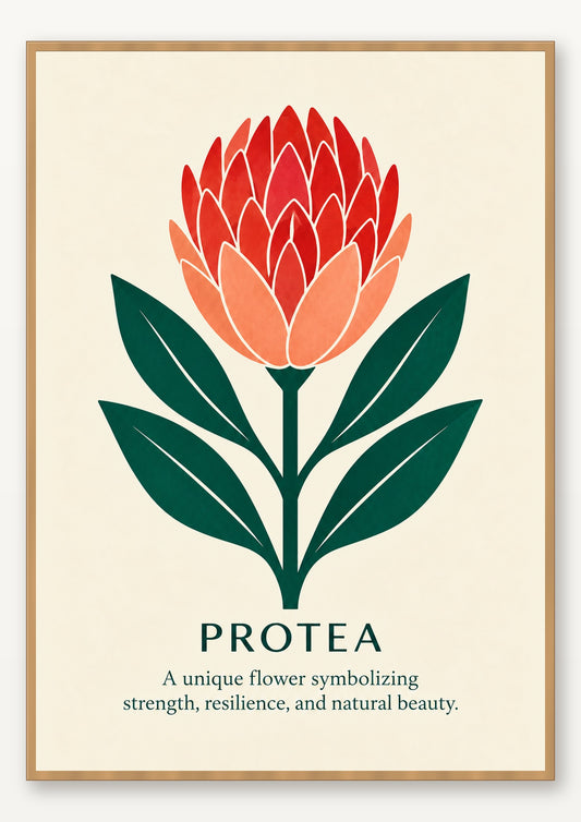 Protea botanical art print in natural wood frame