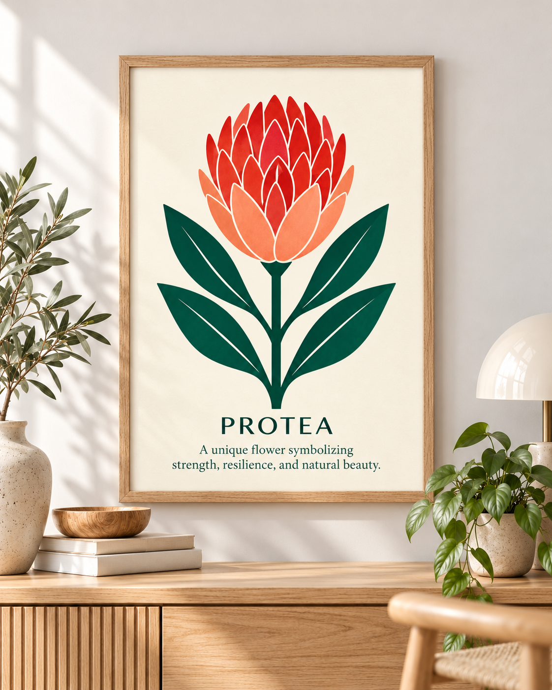 Protea botanical art print styled in a warm Scandinavian interior