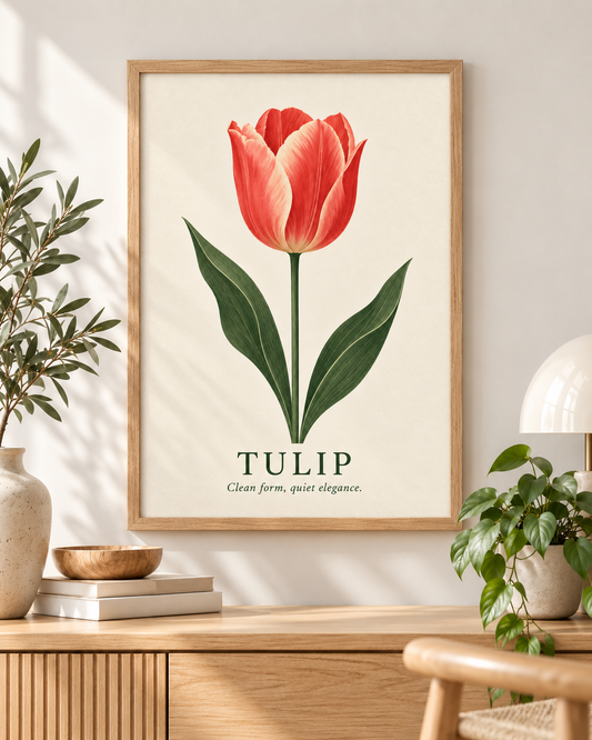 Tulip botanical art print styled in a warm Scandinavian interior